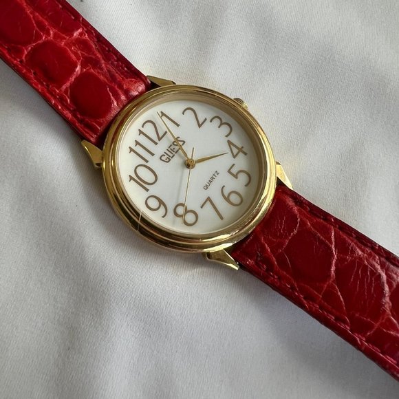 Vintage GUESS Red Leather Band Gold Tone Womens Fashion Watch